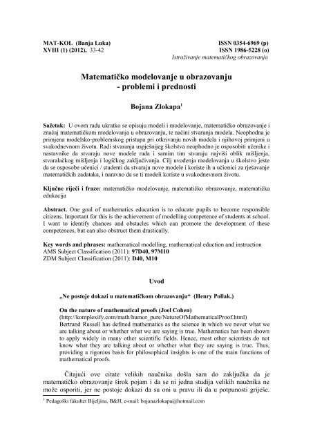 Matematičko modelovanje u obrazovanju- problemi i prednosti