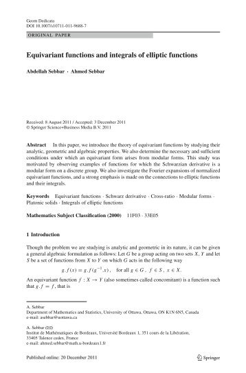 Equivariant functions and integrals of elliptic functions - Faculté des ...