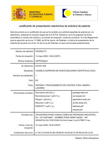 Justificante de presentación electrónica de solicitud de patente