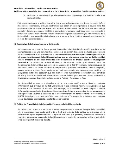 Políticas y Normas de la Red Universitaria - Pontificia Universidad ...