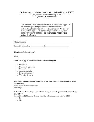 BedÃ¶mning av tidigare erfarenhet av behandling med KBT