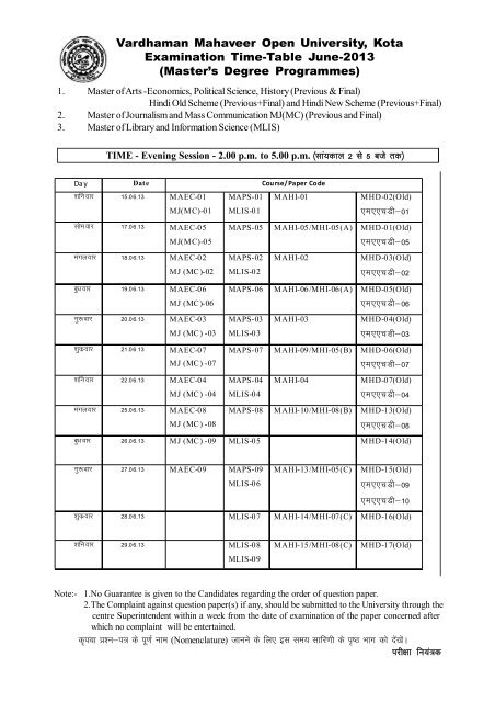 Examination Time-Table - VMOU, Kota