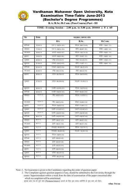 Examination Time-Table - VMOU, Kota
