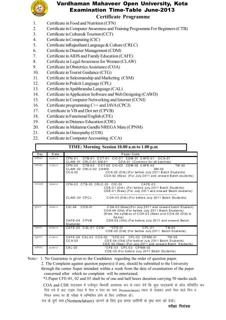 Examination Time-Table - VMOU, Kota