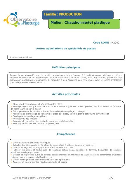 Métier : Chaudronnier(e) plastique - Allize-Plasturgie