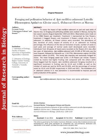 Foraging and pollination behavior of Apis mellifera adansonii Latreille (Hymenoptera: Apidae) on Glycine max L. (Fabaceae) flowers at Maroua