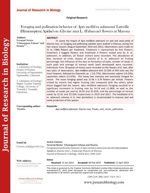 Foraging and pollination behavior of Apis mellifera adansonii Latreille (Hymenoptera: Apidae) on Glycine max L. (Fabaceae) flowers at Maroua