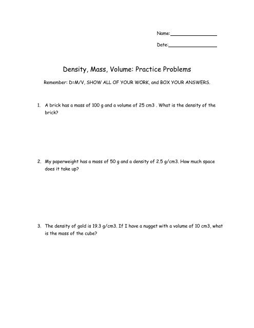 Density Mass Volume Practice Problems Nichols School