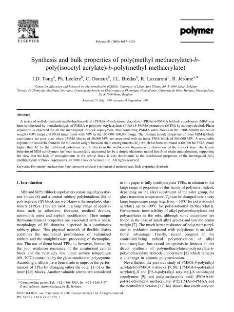 Synthesis and bulk properties of poly(methyl methacrylate)-b- poly ...