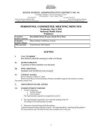 PERSONNEL COMMITTEE MEETING MINUTES - MSAD #40