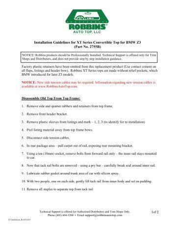 Installation Guidelines for XT Series Convertible ... - Robbins Auto Top