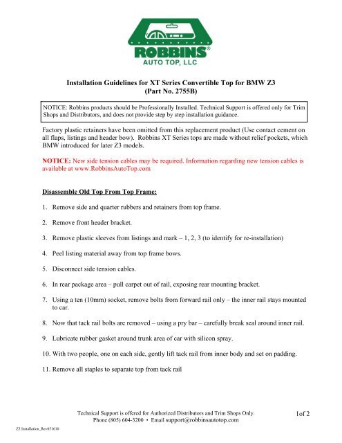 Installation Guidelines for XT Series Convertible ... - Robbins Auto Top