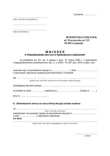 Wniosek o przeniesienie decyzji o warunkach zabudowy (pdf)