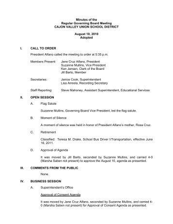 Minutes of the Regular Meeting - Cajon Valley Union School District