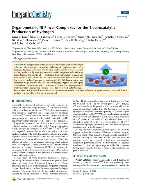 Organometallic Ni Pincer Complexes for the Electrocatalytic ...