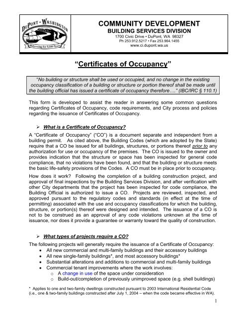 Certificates of Occupancy - City of DuPont