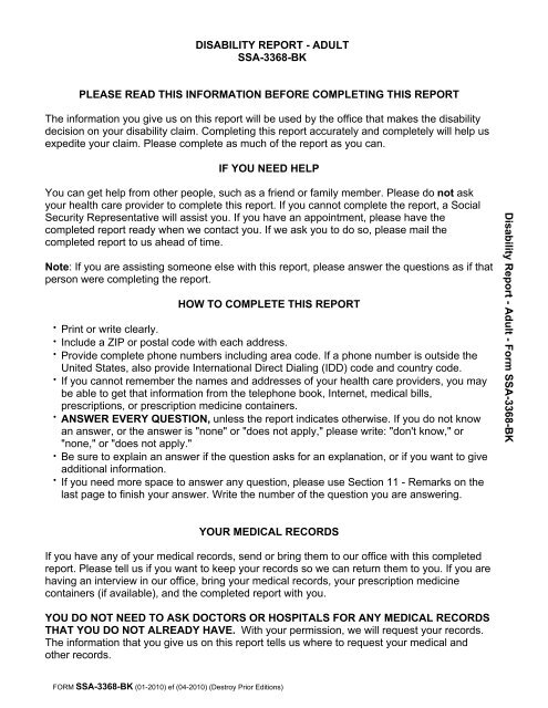 Form SSA 3368 BK Disability Report - Physicians' Disability Services