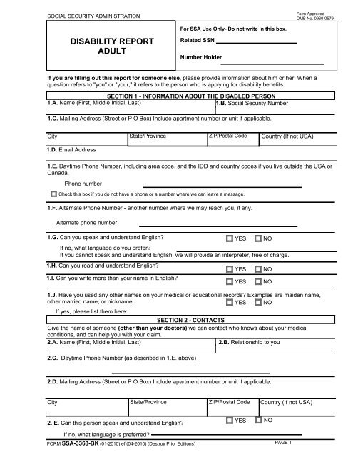 Form SSA 3368 BK Disability Report - Physicians' Disability Services