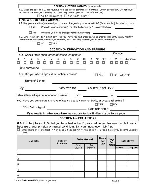 Form SSA 3368 BK Disability Report - Physicians' Disability Services