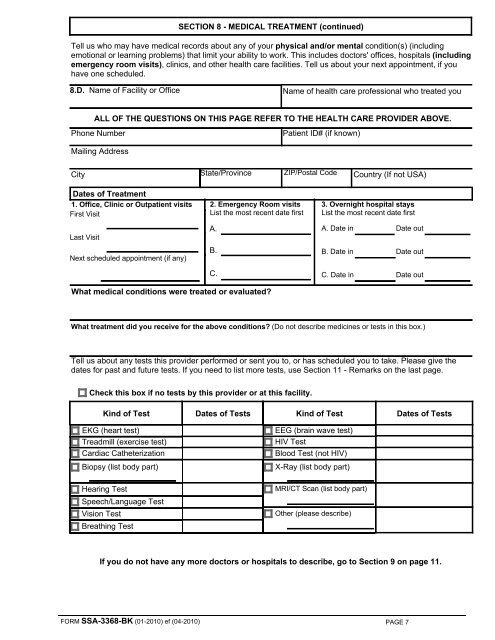 Form SSA 3368 BK Disability Report - Physicians' Disability Services