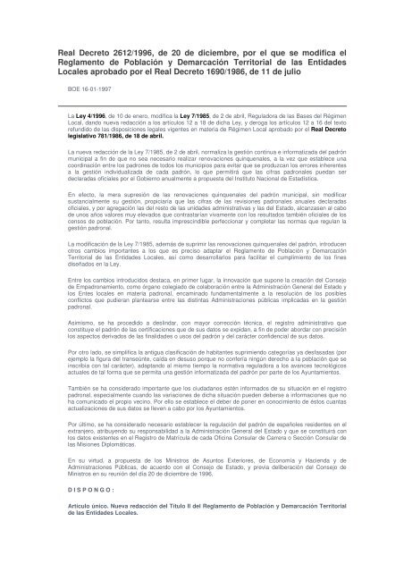 Real Decreto 2612/1996, de 20 de diciembre, por el que se modifica ...