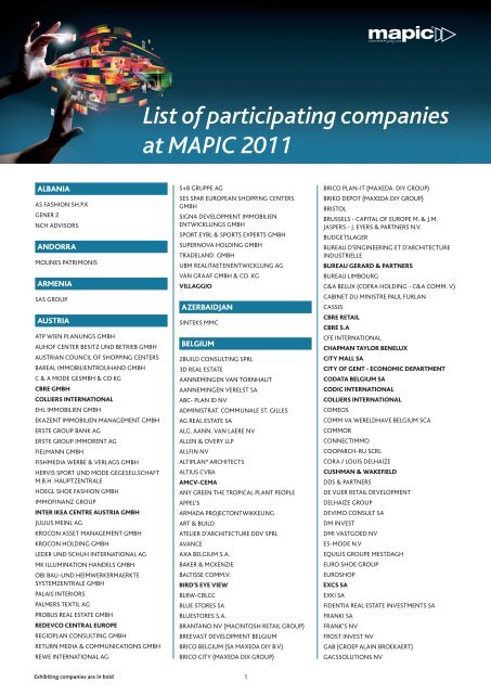 List of participating companies at MAPIC 2011 - Mipim