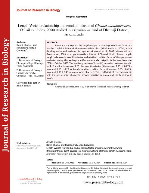 Length-Weight relationship and condition factor of Channa aurantimaculata (Musikasinthorn, 2000) studied in a riparian wetland of Dhemaji District, Assam, India