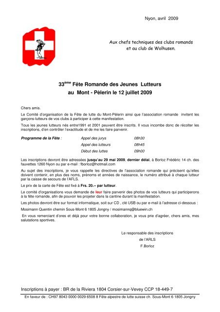 Inscriptions - Association fribourgeoise de lutte suisse