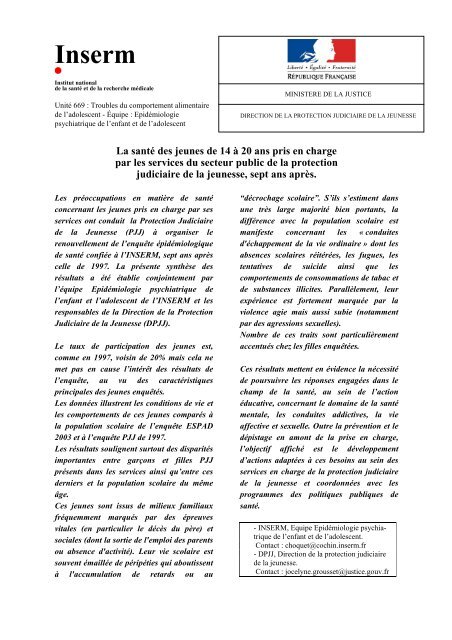 SANTE DES 14-20 ANS de la PROTECTION JUDICIAIRE ... - Inserm