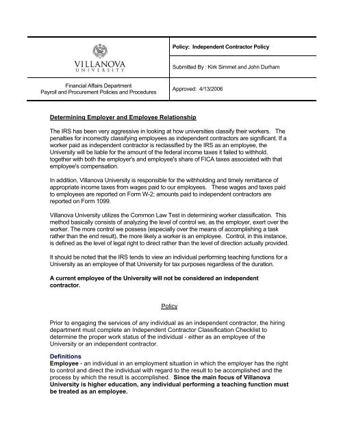 Independent Contractor Policy Villanova University Independent Contractor Policy Villanova University