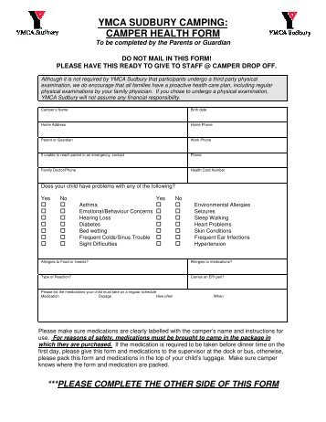 YMCA SUDBURY CAMPING: CAMPER HEALTH FORM