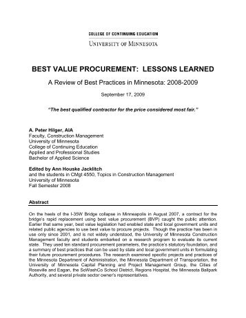 Best Value Procurement: Lessons Learned - College of Continuing ...