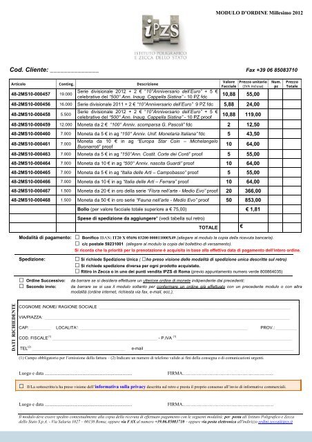 Modulo d'ordine - IPZS - Catalogo Zecca - Istituto Poligrafico e ...