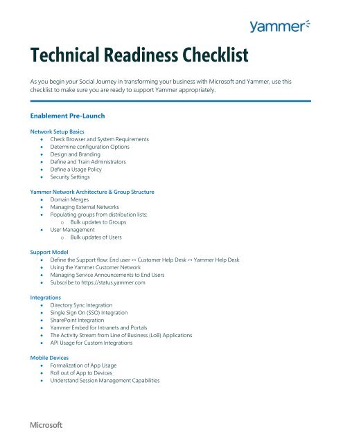 Technical Readiness Checklist Yammer