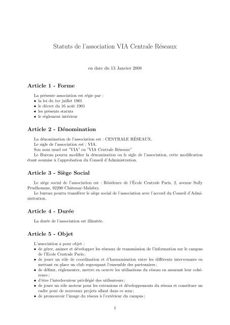 Statuts de l'association - VIA Centrale RÃ©seaux - Ecole Centrale Paris