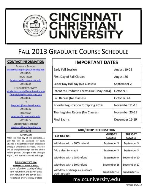 Fall 2013graduate Course Schedule Cincinnati Christian University