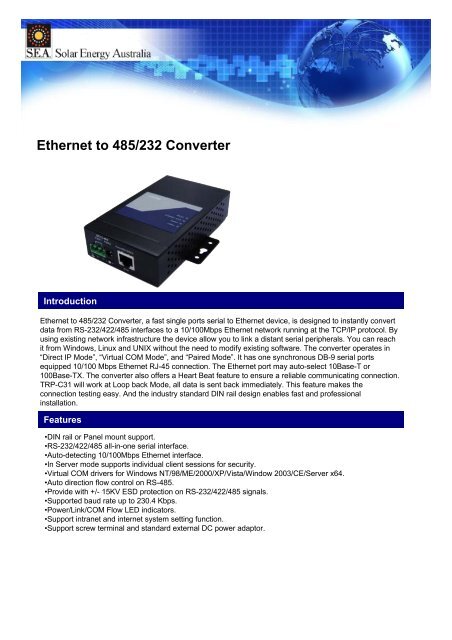 Ethernet to RS-485 Converter 1 - Solar Energy Australia