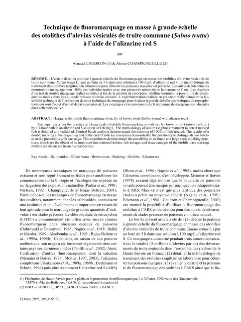 Fluoromarquage des otolithes d'alevins de truite - FÃ©dÃ©ration de ...