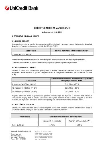 OBRESTNE MERE ZA VARÄEVANJE - UniCredit Banka Slovenija dd