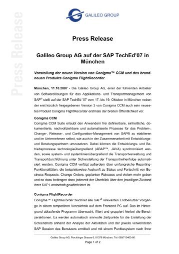 Press Release Galileo Group AG auf der SAP TechEd'07 in MÃ¼nchen