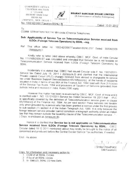 Service Tax from ILDOs - Not applicable to BSNL