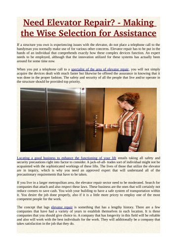 Need Elevator Repair? ­- Making the Wise Selection for Assistance