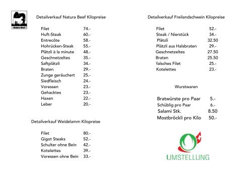 Flyer Landwirtschaft, Fleischverkauf - ZÃ¼riwerk