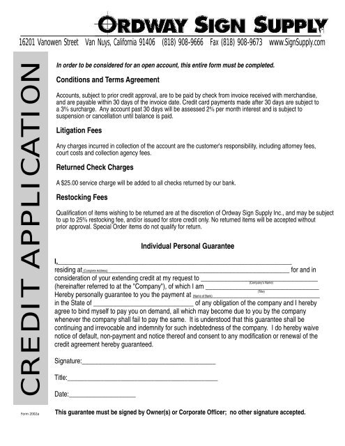 Credit Application - Ordway Sign Supply