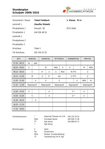 Stundenplan Schuljahr 2009/2010 - Schule Hombrechtikon