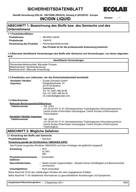 SICHERHEITSDATENBLATT INCIDIN LIQUID - Ecolab (Schweiz)