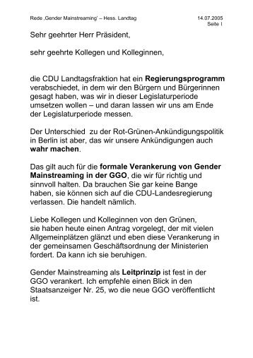 Rede im Hessischen Landtag zum Gender Mainstreaming