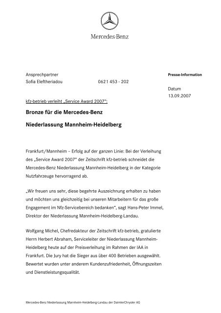Bronze für die Mercedes-Benz Niederlassung Mannheim-Heidelberg