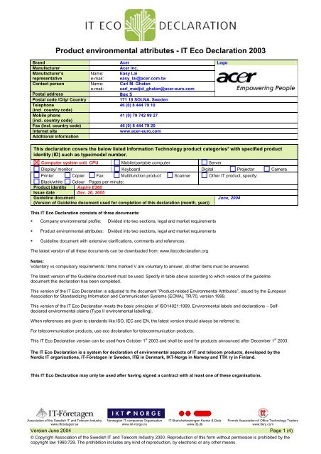 Product environmental attributes - IT Eco Declaration ... - Acer Group