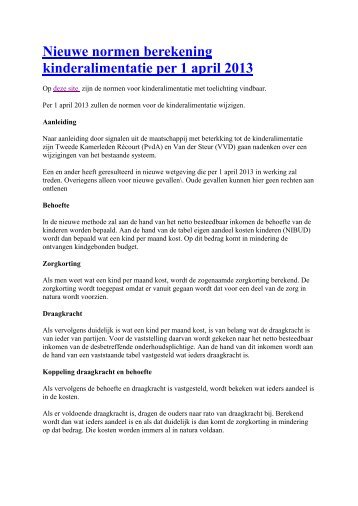 Nieuwe normen berekening kinderalimentatie per 1 april 2013